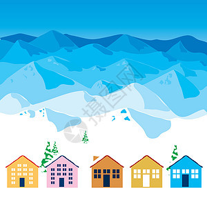 山山脉天空插图树木白色村庄背景图片