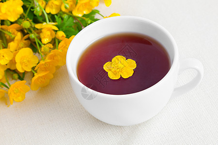 一杯茶白色草本陶瓷草本植物早餐饮料黑色杯子黄色茶壶图片
