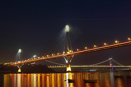 晚上在香港的廷九桥城市电缆运输反射建筑旅行金属金融海岸旅游图片