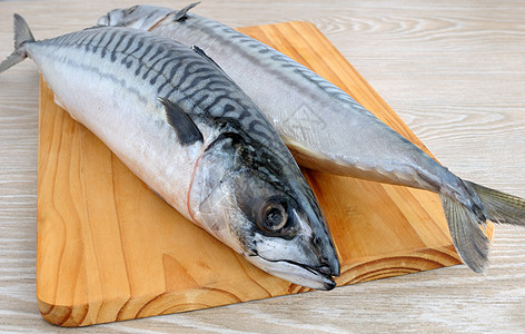 新鲜竹海鲜木头鲭鱼饮食产品尾巴木板图片