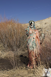 一个无处可逃的死灰复燃的宗教雕像女士蓝天草地礼服黄色女孩上帝蓝色红色图片