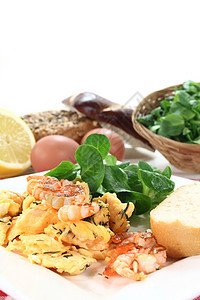 炒蛋和虾早餐鸡蛋烹饪盘子草药小吃柠檬油炸馒头玉米图片