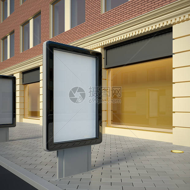 市中心的城市灯光框架插图商业陈列柜建筑木板展示店铺玻璃广告牌图片