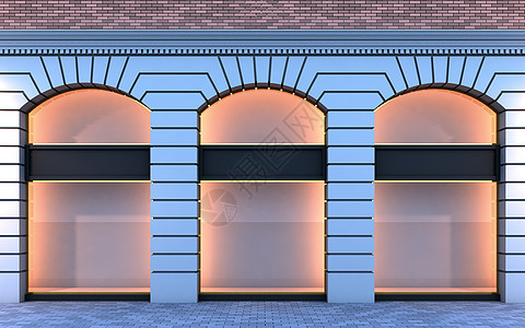 古老的空店铺购物飞檐橱窗招牌零售部门乡村窗户照明商业图片
