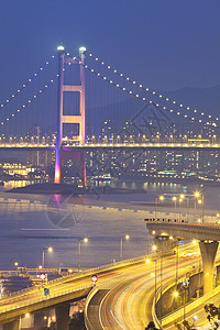 香港的清马桥 有公路背景商业金属市中心住房旅行海岸电缆城市反射日落图片