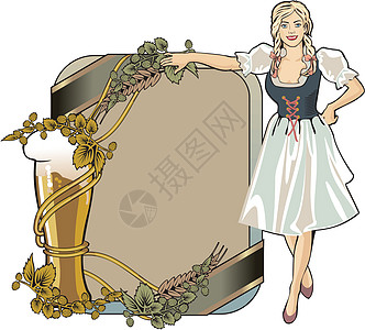 啤酒标签米色金发背景丝带裙子植物女孩酒精酒花玻璃图片