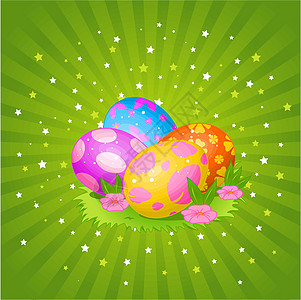 美丽的复活节鸡蛋背景草地小鸡乐趣插图装饰庆典条纹辉光风格阴影图片