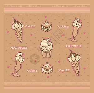 甜点心背景卡通片派对巧克力饼干蛋糕绘画奶油纺织品咖啡店生日图片