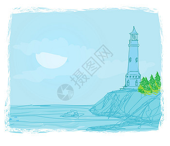 从一个小海滩上看见的灯塔旅行石头海洋天空波浪阳光涂鸦蓝色房子港口图片