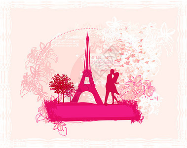 巴黎的浪漫情侣在艾菲尔铁塔附近接吻旅游国家游客女性男人城市日落文化夫妻旅行图片