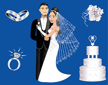 婚礼图标珠宝夫妻微笑黑发钻石男人项链花束套装戒指图片