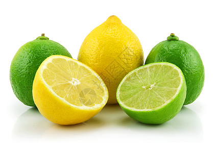 白上孤立的柠檬和石灰水平水果黄色宏观绿色反射活力植物白色蔬菜图片