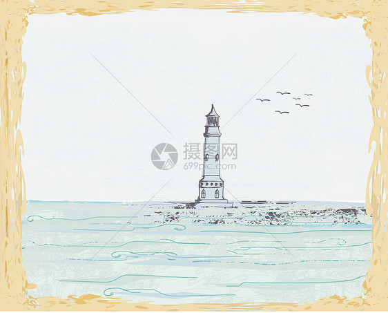 从一个小海滩上看见的灯塔航行涂鸦假期旅行导航海岸海岸线天空石头岩石图片