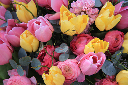 花朵 黄色和粉红色郁金香植物群绿色花束粉色植物学花店植物花瓣图片