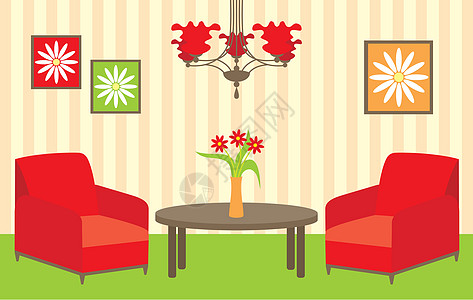 客厅窗帘扶手椅红色房间地毯桌子椅子花瓶绿色地面图片