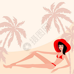 有着棕榈树和女人的背景海景热带海岸晴天旅行旅游阳光假期装饰品棕榈图片