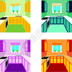厨房内有四种颜色变异的厨房家具图片