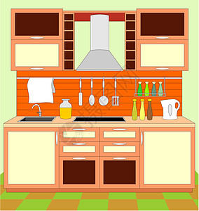 厨房家具 内部用餐烤箱建筑学奢华装饰橙子住宅财产插图火炉图片