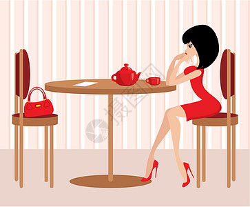 咖啡厅中的年轻女性褐色裙子桌子高跟鞋椅子红色插图棕色茶壶食物图片