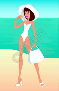 在沙滩上的年轻女人帽子海岸娱乐晴天海滩女士旅游女孩旅行棕褐色图片