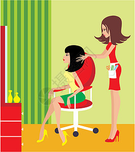 在美容院的女人头发绿色插图理发椅子女性发型女孩们沙龙魅力图片