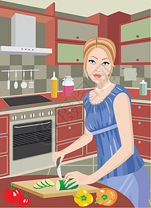 坐在厨房的年轻女人切菜图片