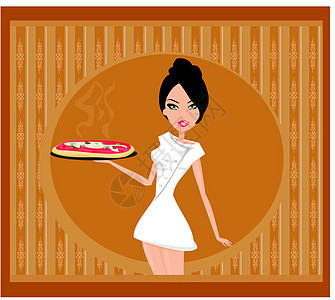 美丽的女人享受比萨饼帽子厨房主菜蔬菜餐厅快乐工作厨师职员饮食图片