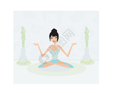 瑜伽女孩在莲花位置冥想平衡沉思姿势身体女士精神运动蓝色女性图片