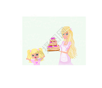 家庭庆祝生日日孩子糕点巧克力卡通片蛋糕幸福微笑插图礼物女孩图片