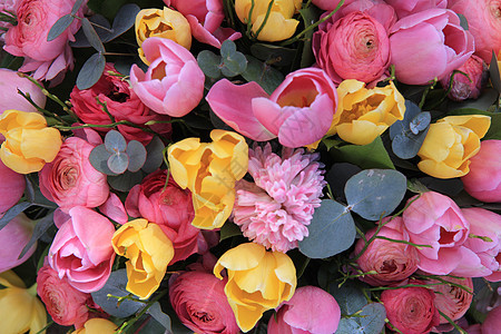 花朵 黄色和粉红色郁金香花店植物学绿色花瓣植物粉色植物群花束图片