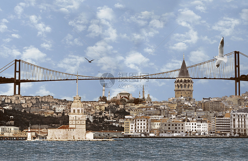 伊斯坦布尔背景很深的图片 笑声海峡加拉塔血管少女城市建筑港口历史码头旅行图片
