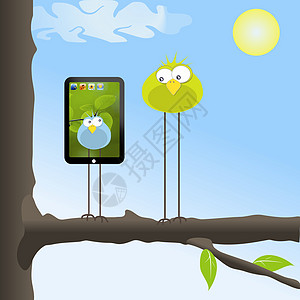 树上两只有趣的鸟日光晴天药片插图叶子棕色绿色互联网黄色电脑背景图片