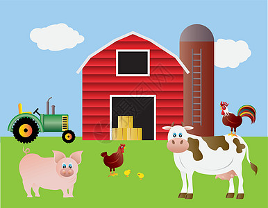 农场与红稻田拖拉机和动物草地农作物谷物蓝色食物农业天空小猪插图稻草图片