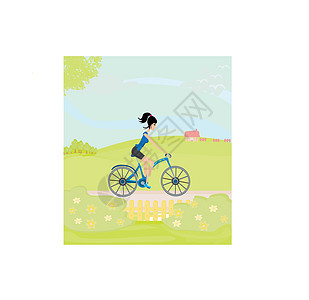 与可爱女孩一起快乐驾驶自行车蓝色训练女儿享受锻炼喜悦幸福微笑运动平衡图片
