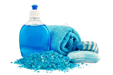 用毛巾和盐水浴 不同的蓝色肥皂图片
