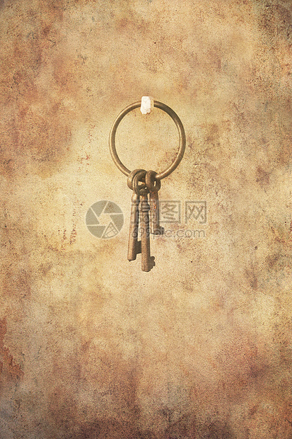 Grungy 组合密钥集手工业钥匙戒指金属棕色木头工具静物白色创造力图片
