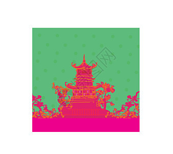 旧亚洲风貌纸宝塔花瓣文化植物樱花建筑寺庙日落天空插图图片