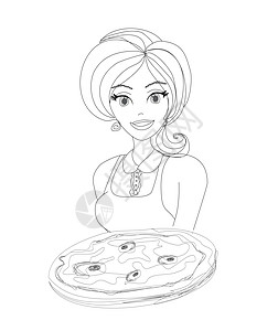 带披萨面条的年轻女服务员食物女性烹饪维生素快乐主菜职业职员饮食微笑图片