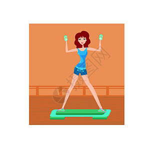 妇女用手举两只哑铃进行锻炼微笑娱乐练习肌肉闲暇健身房力量重量女性插图图片