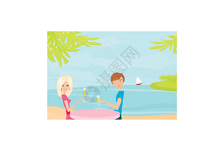 热带海滩上快乐的年轻情侣天堂男人手掌桌子派对夫妻旅行插图女性女士图片