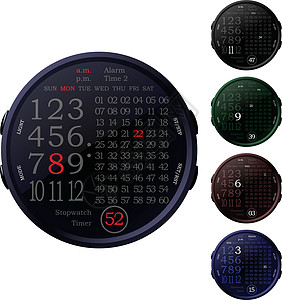 数字时钟白色警报按钮小时黑色钟表圆形时间绿色红色图片
