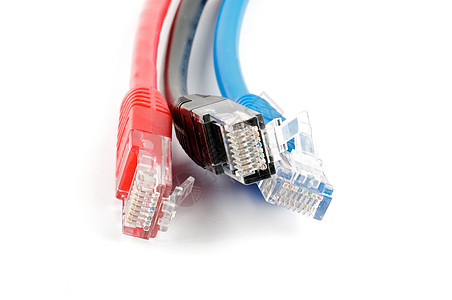 RJ45连接器的黑色 红色和蓝色UTP线插头通讯宏观电源线技术全球部分电话线计算机数字化图片