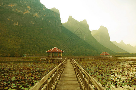 湖中人行桥花园太阳建筑学蓝色天空山脉房子热带公园旅行图片