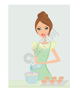 美丽的女士烹饪插图面糊奶油甜点女性快乐面团房子家务厨房图片