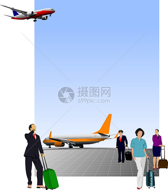 机场现场 设计师矢量插图运输场景翅膀交通飞机飞行商业飞机场天空女士图片