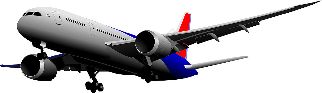 乘客飞机在空中飞行 矢量插图跑道飞机场运输天空车轮车辆翅膀商业旅行交通图片