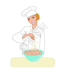 美丽的女士烹饪面糊厨师插图衣服面团沙漠房子快乐厨房家务图片