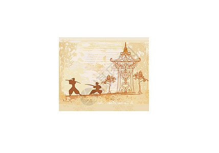 旧纸 印有武士长的轮廓建筑天空植物插图武士日落花瓣文化太阳寺庙图片
