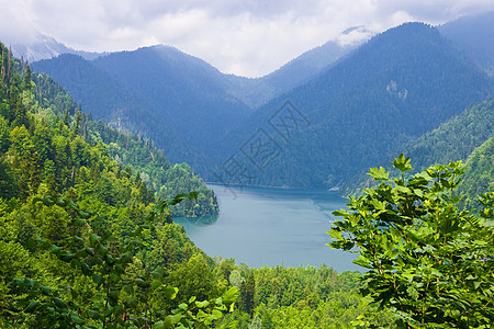 阿布哈兹被木头包围的山湖风景反射场景国家树木全景城市环境蓝色阳光图片