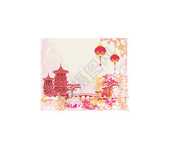 旧纸 有亚洲景观和中国绿灯侠古日本风格背景花朵樱花寺庙建筑插图灯笼天空花瓣日落文化图片